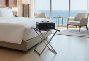 Portamaletas plegable en acero inoxidable para apoyar la maleta de viaje en hoteles, airbnb o en casa