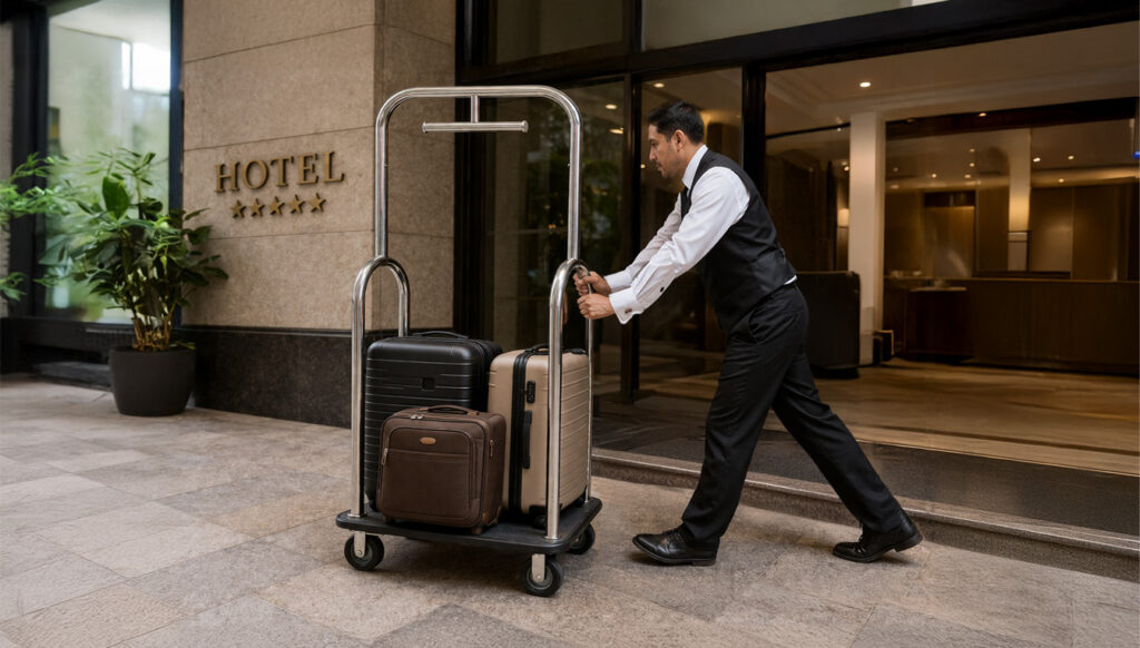 Carro portamaletas para hoteles en acero inoxidable dorado o plateado