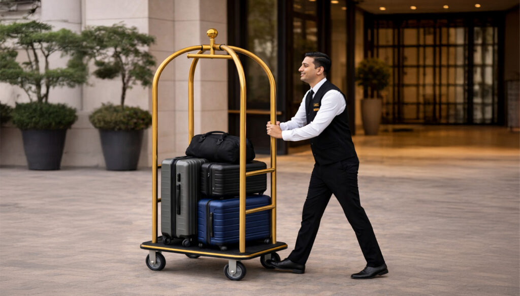 carro portamaletas para hoteles en acero inoxidable dorado o plateado